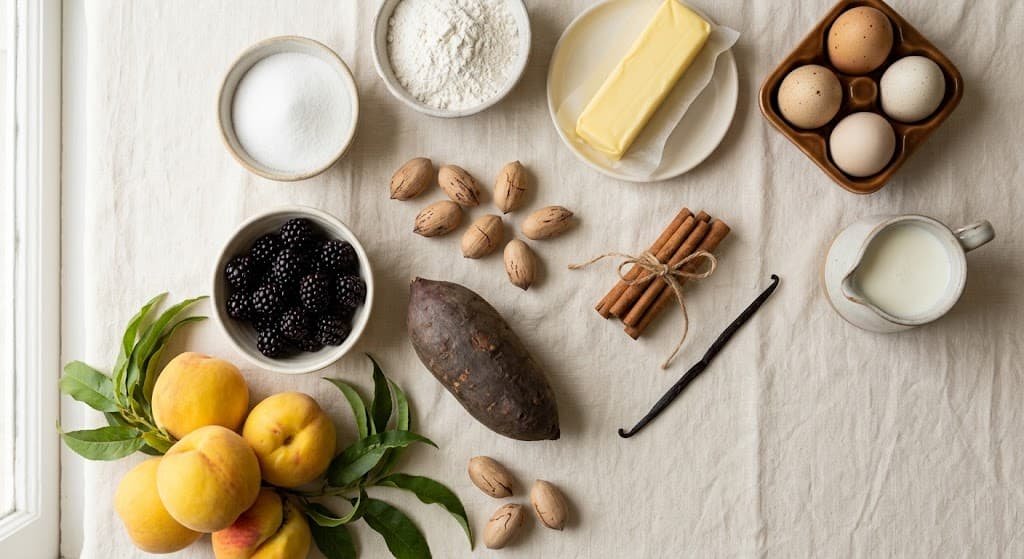 Peaches, blackberries, pecans, sweet potatoes, butter, eggs, buttermilk, sugar, flour, and spices used in Southern-style desserts.