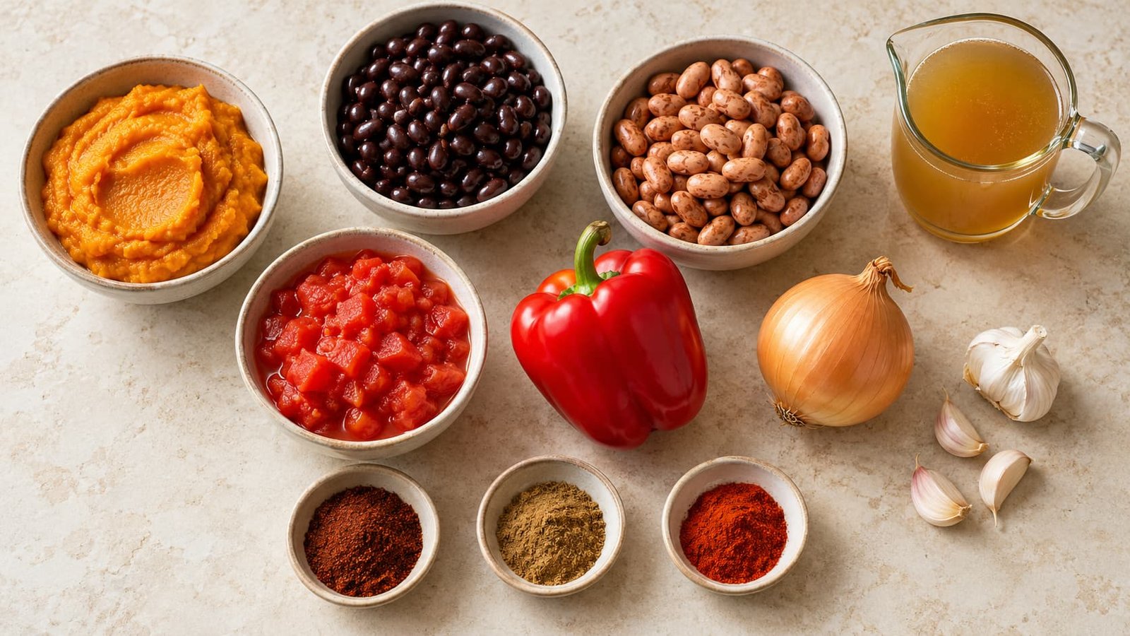 Pumpkin chili ingredients including pumpkin puree, cooked beans, tomatoes, vegetables, broth, and spices.