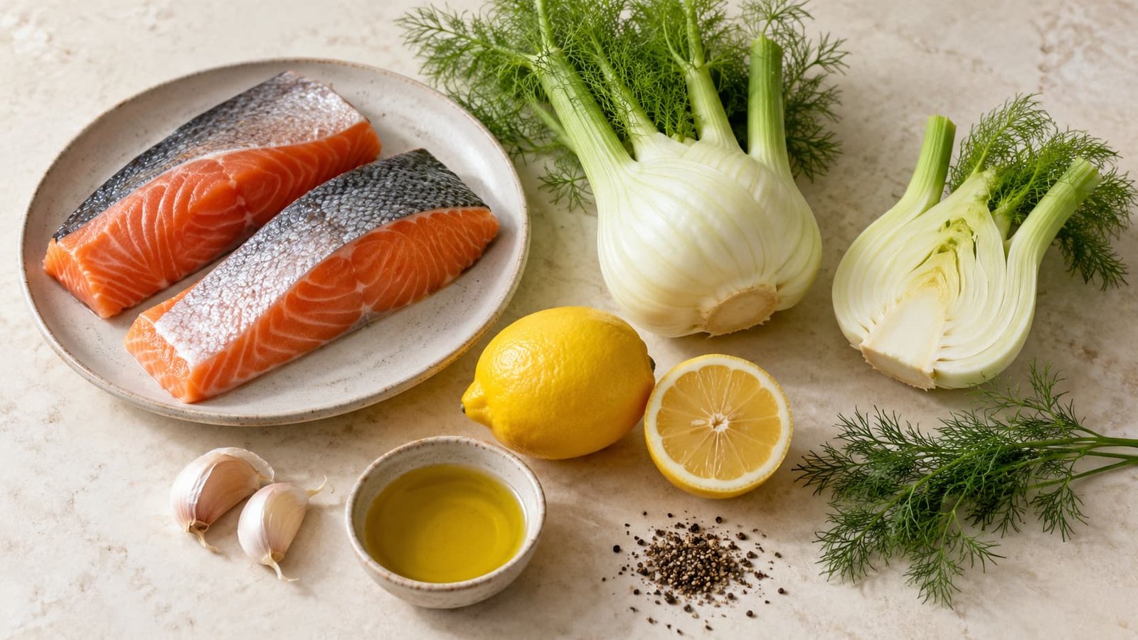 Raw salmon fillets, fresh fennel bulbs, lemon, garlic, olive oil, and dill arranged as ingredients for fennel salmon.
