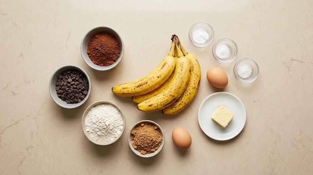 Ripe bananas, cocoa powder, flour, sugar, eggs, butter, and chocolate chips arranged on a kitchen countertop.