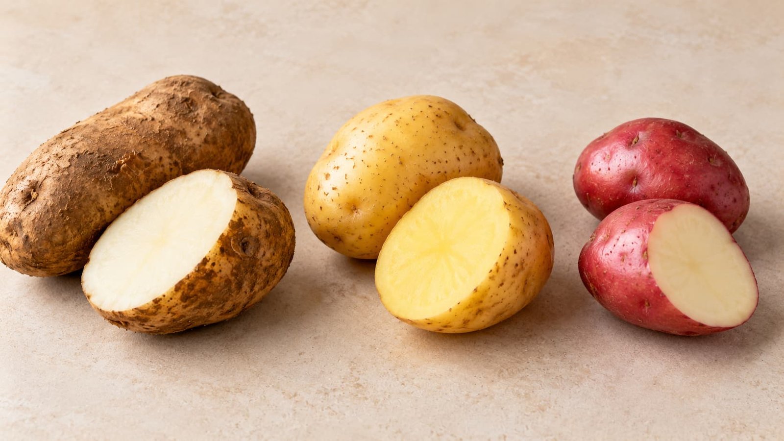 Russet, Yukon Gold, and red potatoes shown whole and cut in an ingredient comparison.