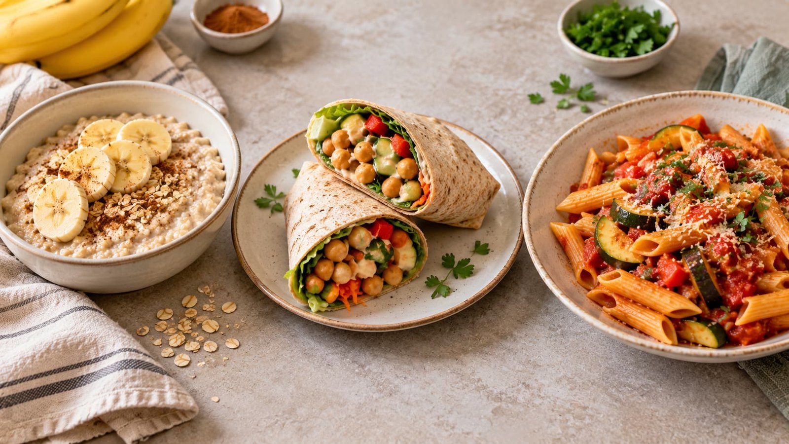 Three affordable meal examples showing banana oatmeal for breakfast, a chickpea wrap for lunch, and vegetable pasta for dinner.