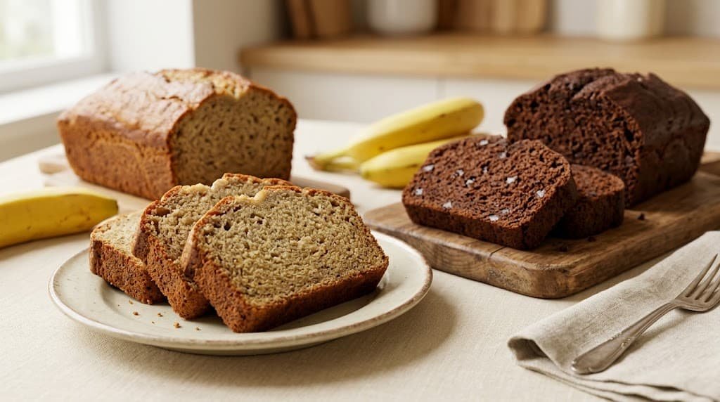 Traditional golden banana bread slices beside darker chocolate banana bread slices.