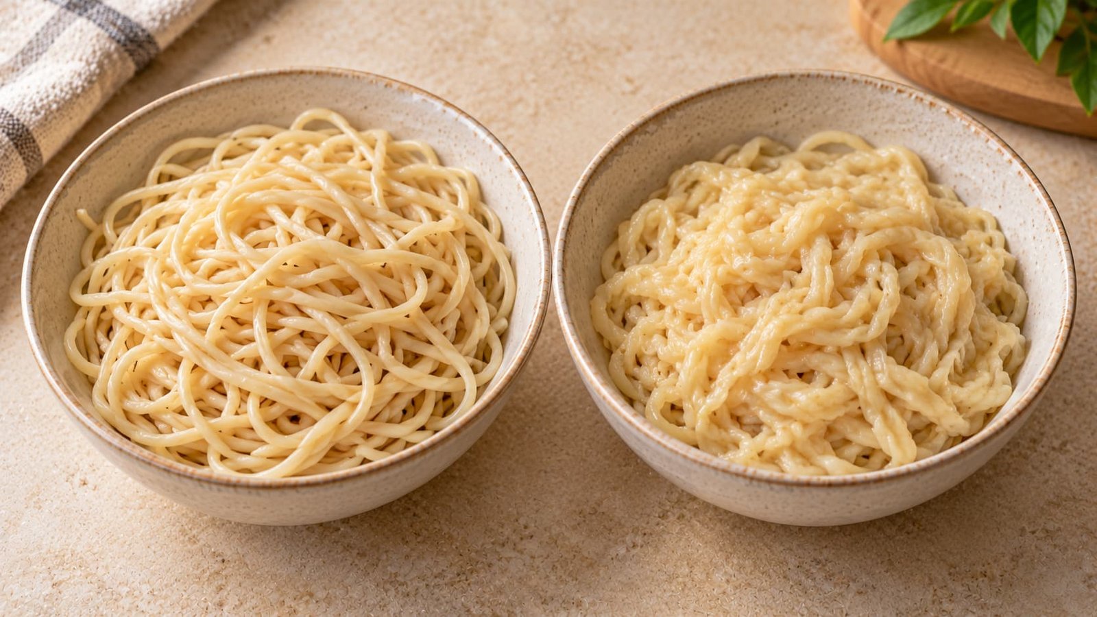 Two bowls comparing separated cooked wheat noodle strands with softer noodles clumped together by excess moisture.