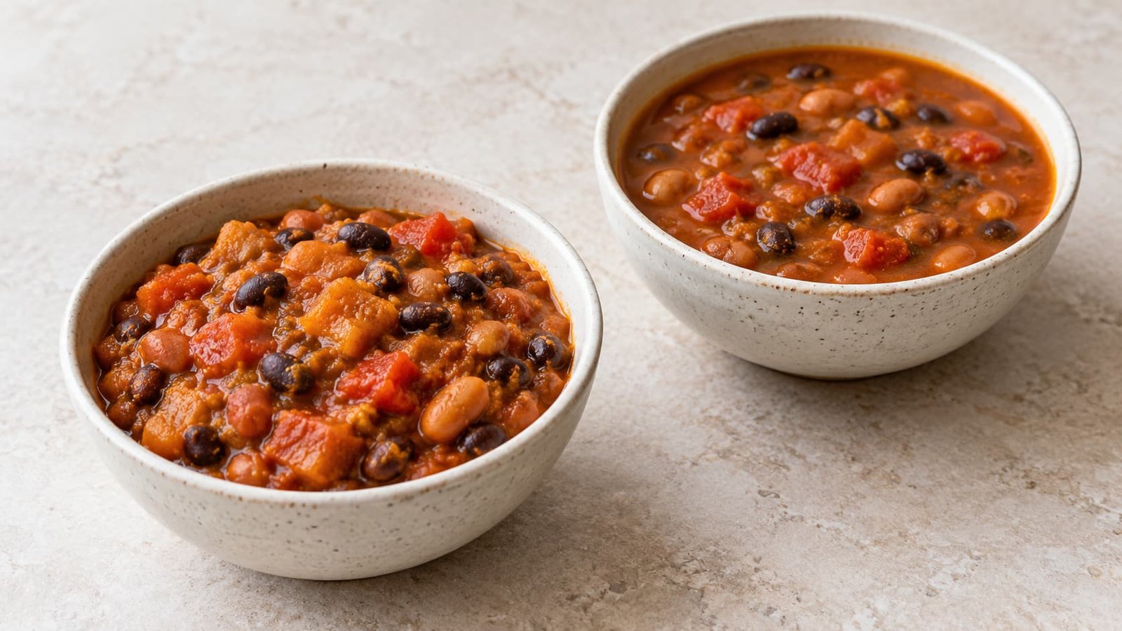 Two bowls illustrating thicker and thinner pumpkin chili consistencies with beans and tomatoes.
