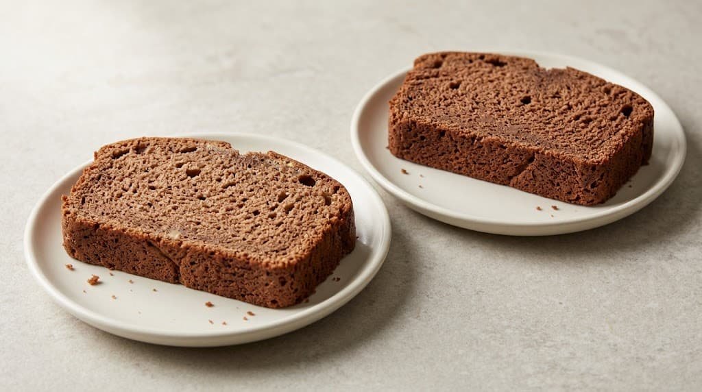 Two slices of chocolate banana bread showing a tender crumb and a denser crumb.