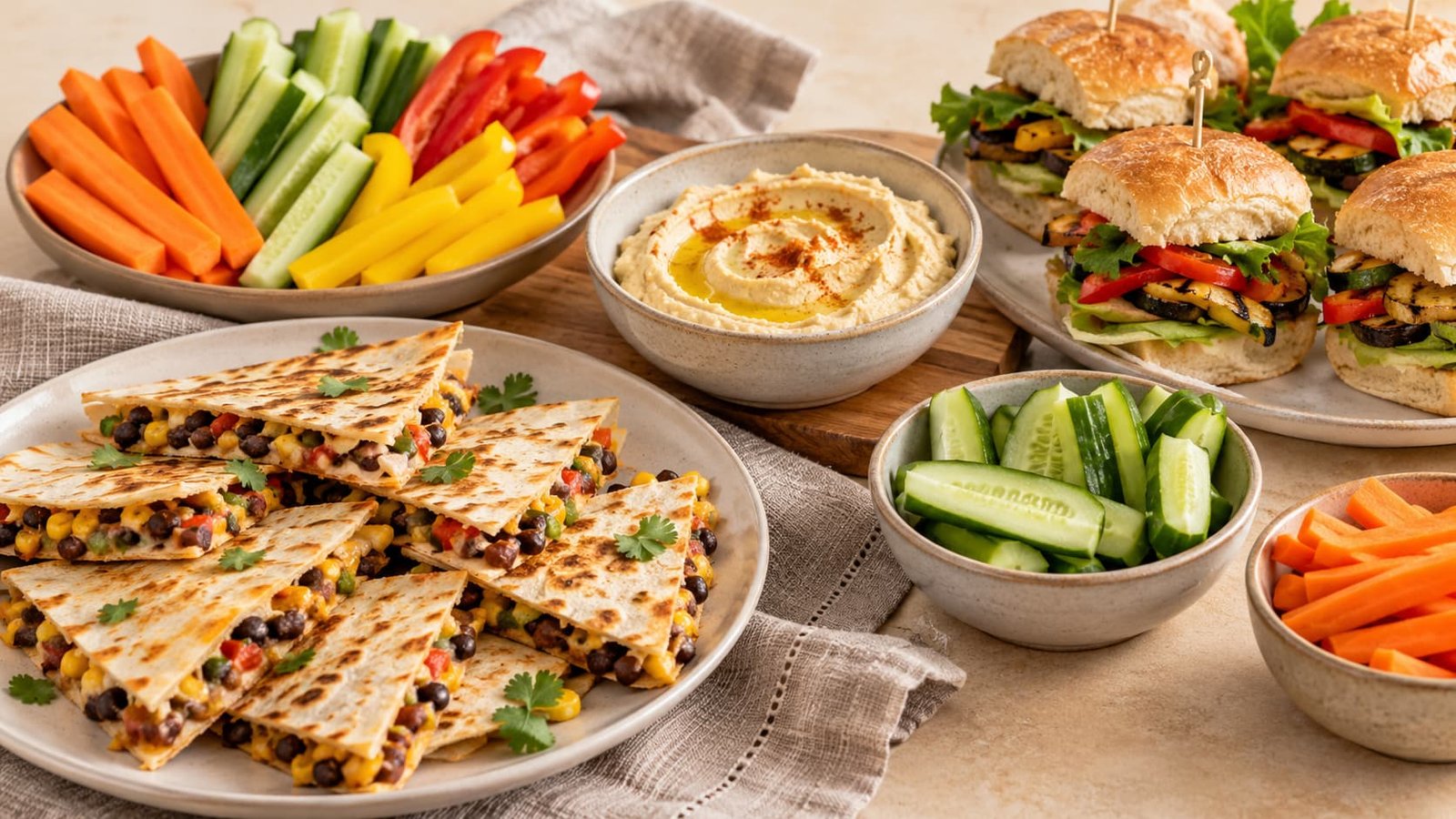 Vegetarian Super Bowl appetizers including bean quesadillas, hummus, fresh vegetables, and small sandwiches.