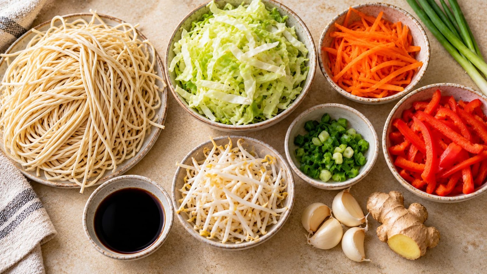 Wheat noodles, cabbage, carrots, bell peppers, green onions, bean sprouts, garlic, ginger, and soy sauce arranged separately