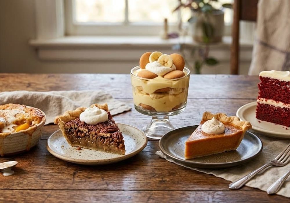 Assorted Southern desserts, including peach cobbler, pecan pie, banana pudding, sweet potato pie, and red velvet cake.