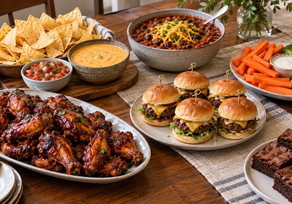 Assorted Super Bowl party foods including chicken wings, sliders, nachos, chili, vegetables, and brownie squares.
