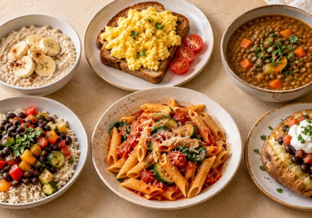 Assortment of affordable homemade meal ideas including oatmeal, eggs, lentil soup, rice and beans, pasta, and baked potato.