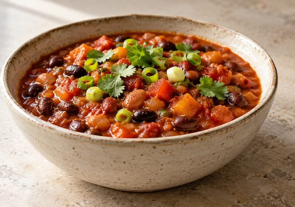 Bowl of pumpkin chili with beans, tomatoes, bell peppers, and green onion garnish.