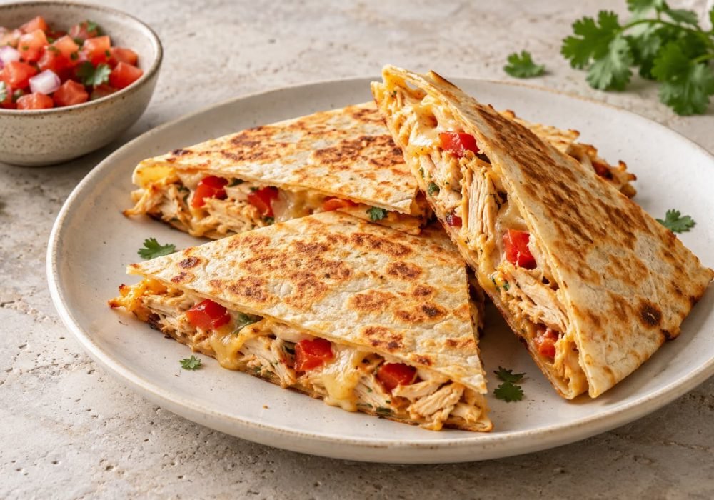 Chicken quesadilla wedges with cooked chicken, melted cheese, and bell pepper filling on a ceramic plate.