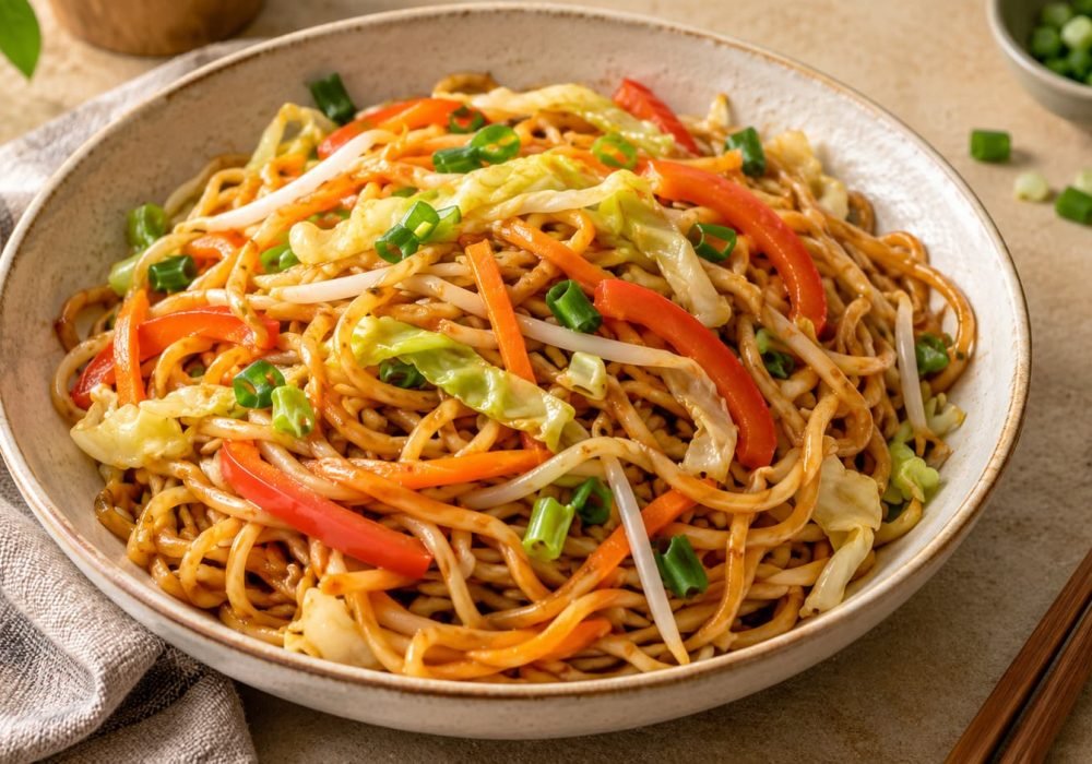 Chinese-style stir-fried wheat noodles with cabbage, carrots, bell peppers, and green onions in a ceramic bowl.