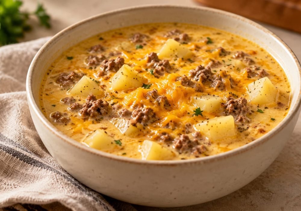 Conceptual bowl of creamy cheesy hamburger potato soup with diced potatoes and ground beef.