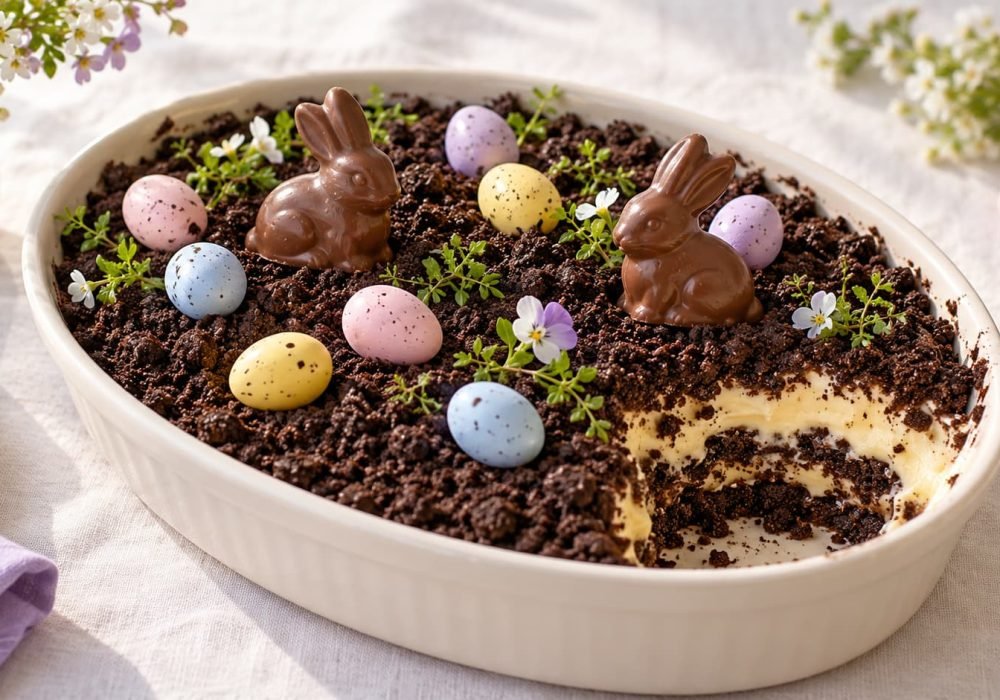 Easter dirt cake illustration with chocolate cookie crumbs, creamy layers, pastel candy eggs, and chocolate bunny decorations.