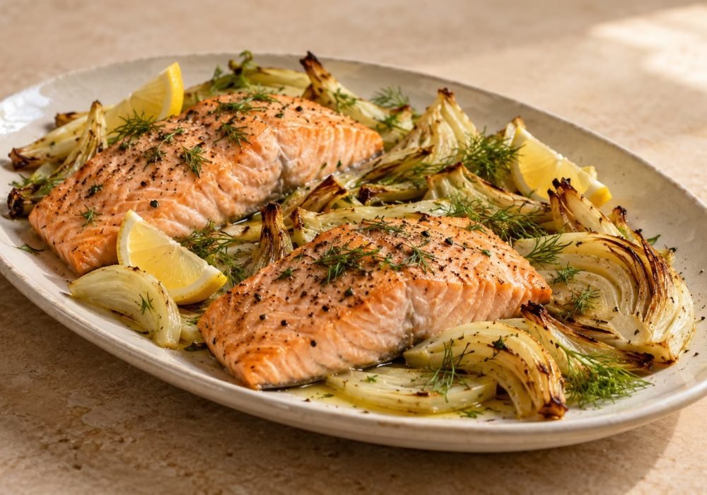 Oven-baked salmon fillets with roasted fennel slices, lemon wedges, and fresh fennel fronds.