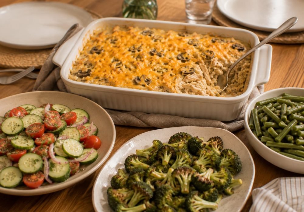 chicken rice casserole with button mushrooms